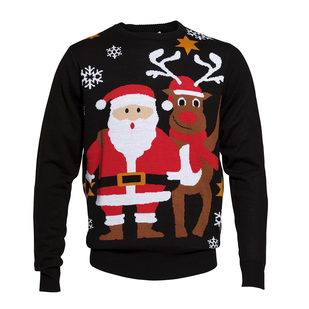 Svart jultröja med jultomten och Rudolf på.